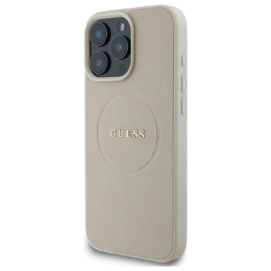 iPhone 16 Pro Max Guess Grained Gold Ring MagSafe dėklas - smėlio 1