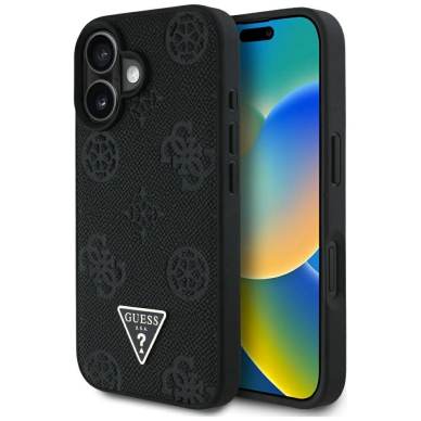 iPhone 16 Guess Grained Hot Stamp Peony Triangle Logo MagSafe dėklas - juodas iPhone 16 Guess Grained Hot Stamp Peony Triangle Logo MagSafe dėklas - juodas