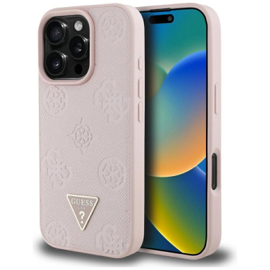 iPhone 16 Pro Guess Grained Hot Stamp Peony Triangle Logo MagSafe dėklas - rožinis