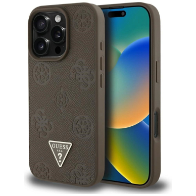 iPhone 16 Pro Max Guess Grained Hot Stamp Peony Triangle Logo MagSafe dėklas - rudas