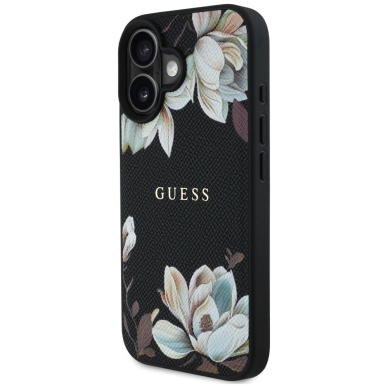 Guess Grained Printed Flower Pattern MagSafe Dėklas skirtas iPhone 16 Juodas 1