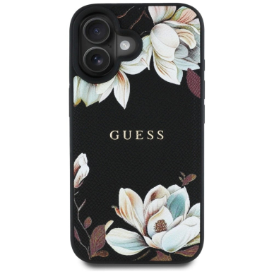 Guess Grained Printed Flower Pattern MagSafe Dėklas skirtas iPhone 16 Juodas 2