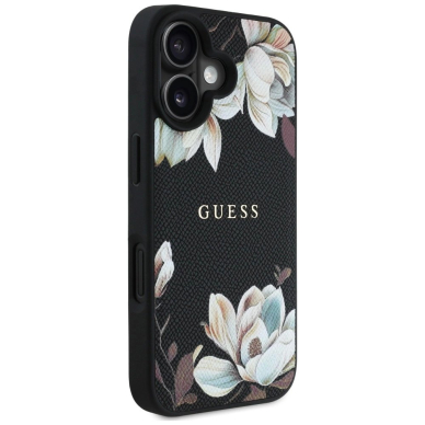 Guess Grained Printed Flower Pattern MagSafe Dėklas skirtas iPhone 16 Juodas 3