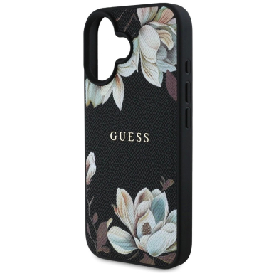 Guess Grained Printed Flower Pattern MagSafe Dėklas skirtas iPhone 16 Juodas 5