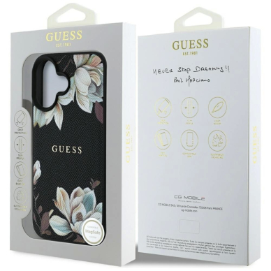 Guess Grained Printed Flower Pattern MagSafe Dėklas skirtas iPhone 16 Juodas 7