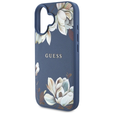Guess Grained Printed Flower Pattern MagSafe Dėklas skirtas iPhone 16 Mėlynas 5