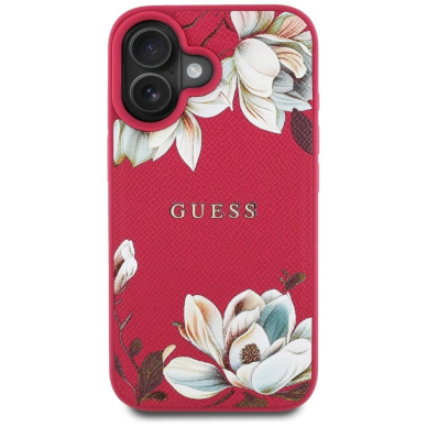 Guess Grained Printed Flower Pattern MagSafe Dėklas skirtas iPhone 16 fuchsia 2