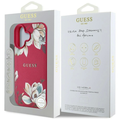 Guess Grained Printed Flower Pattern MagSafe Dėklas skirtas iPhone 16 fuchsia 7