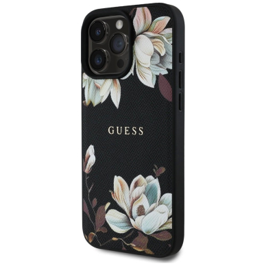 Guess Grained Printed Flower Pattern MagSafe Dėklas skirtas iPhone 16 Pro Juodas 1