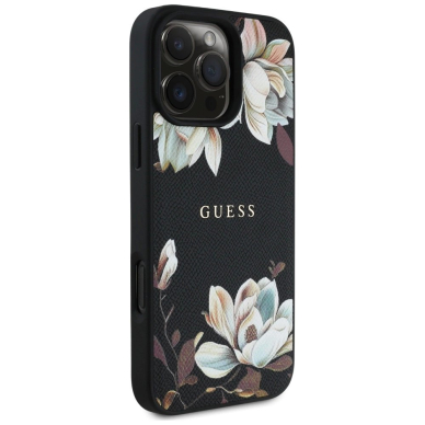 Guess Grained Printed Flower Pattern MagSafe Dėklas skirtas iPhone 16 Pro Juodas 3