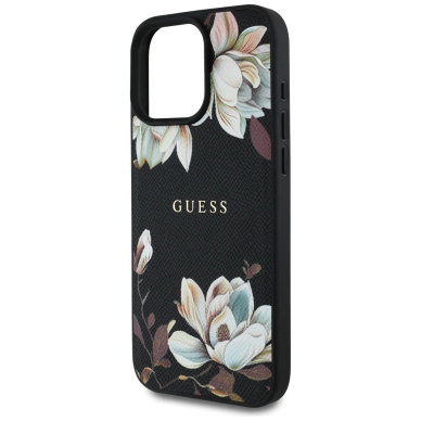 Guess Grained Printed Flower Pattern MagSafe Dėklas skirtas iPhone 16 Pro Juodas 5