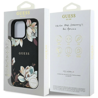 Guess Grained Printed Flower Pattern MagSafe Dėklas skirtas iPhone 16 Pro Juodas 7