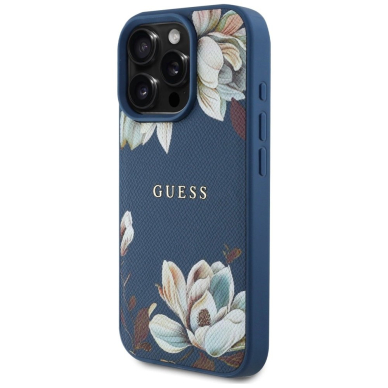 Guess Grained Printed Flower Pattern MagSafe Dėklas skirtas iPhone 16 Pro Mėlynas 1