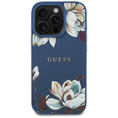 Guess Grained Printed Flower Pattern MagSafe Dėklas skirtas iPhone 16 Pro Mėlynas 2
