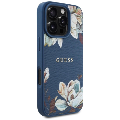 Guess Grained Printed Flower Pattern MagSafe Dėklas skirtas iPhone 16 Pro Mėlynas 3