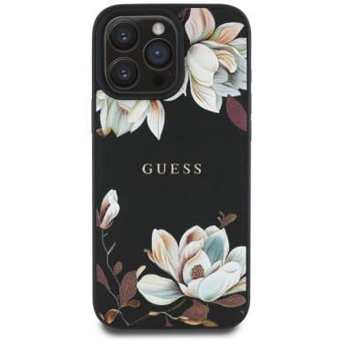 Guess Grained Printed Flower Pattern MagSafe Dėklas skirtas iPhone 16 Pro Max Juodas 2