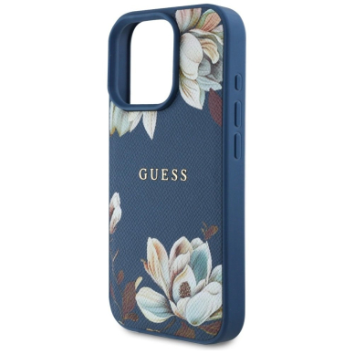 Guess Grained Printed Flower Pattern MagSafe Dėklas skirtas iPhone 16 Pro Max Mėlynas 5