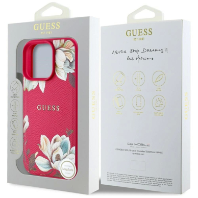 Guess Grained Printed Flower Pattern MagSafe Dėklas skirtas iPhone 16 Pro Max fuchsia 7