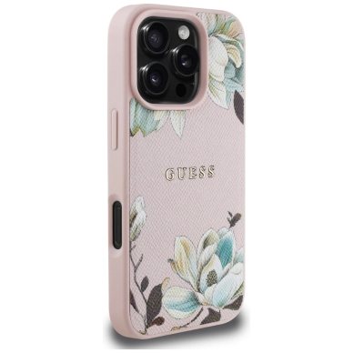 Guess Grained Printed Flower Pattern MagSafe Dėklas skirtas iPhone 16 Pro Max Rožinis 3
