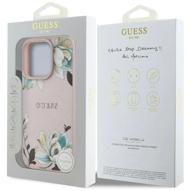 Guess Grained Printed Flower Pattern MagSafe Dėklas skirtas iPhone 16 Pro Max Rožinis 7