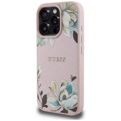 Guess Grained Printed Flower Pattern MagSafe Dėklas skirtas iPhone 16 Pro Rožinis 1