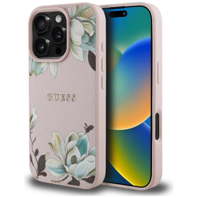 Guess Grained Printed Flower Pattern MagSafe Dėklas skirtas iPhone 16 Pro Rožinis