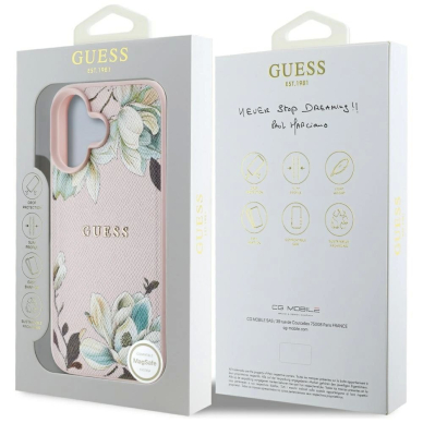 Guess Grained Printed Flower Pattern MagSafe iPhone 16 Dėklas Rožinis 7