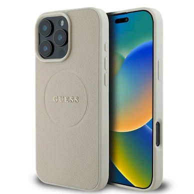 iPhone 16 Pro Dėklas Guess Grained Ring MagSafe – smėlinis