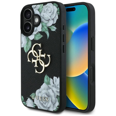 iPhone 16 Guess Grained Roses Big 4G logo dėklas - juodas iPhone 16 Guess Grained Roses Big 4G logo dėklas - juodas
