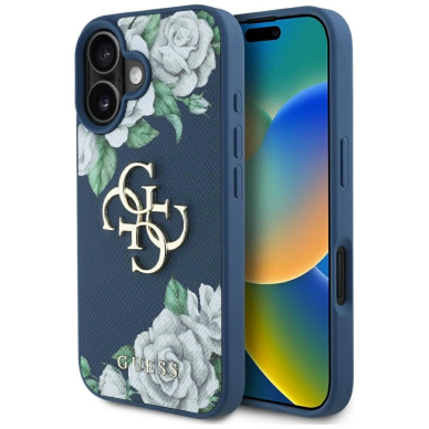iPhone 16 Guess Grained Roses Big 4G logo dėklas - mėlynas iPhone 16 Guess Grained Roses Big 4G logo dėklas - mėlynas