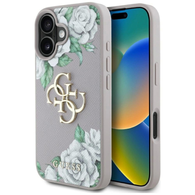 iPhone 16 Guess Grained Roses Big 4G Logo dėklas - violetinis