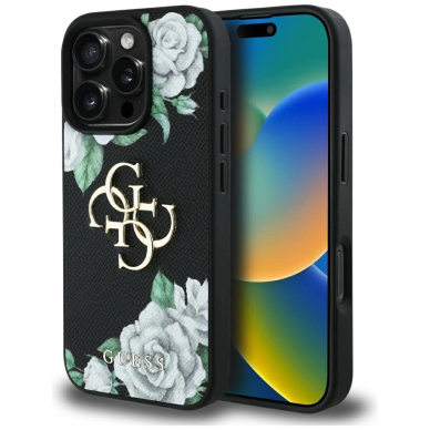 iPhone 16 Pro Guess Grained Roses Big 4G logo dėklas - juodas