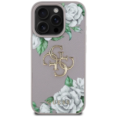 iPhone 16 Pro Guess Grained Roses Big 4G Logo dėklas - violetinis 2