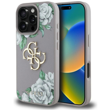 iPhone 16 Pro Max Guess Grained Roses Big 4G logo dėklas - violetinis