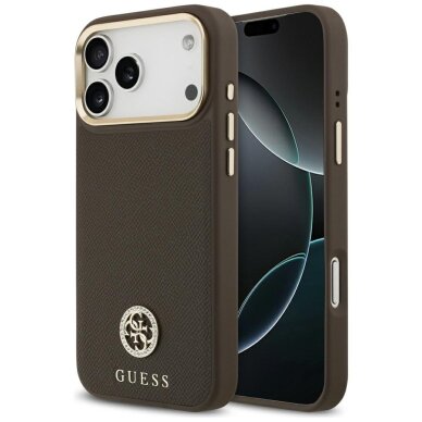 iPhone 17 Pro Max Guess Grained Strass Logo MagSafe dėklas – rudas