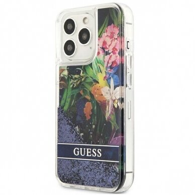 Dėklas Guess Flower Liquid Glitter GUHCP13LLFLSB iPhone 13 Pro Mėlynas 1