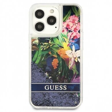 Dėklas Guess Flower Liquid Glitter GUHCP13LLFLSB iPhone 13 Pro Mėlynas 2