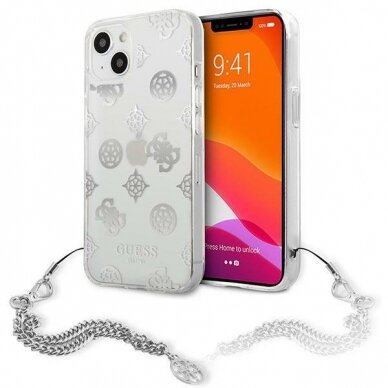 Originalus Guess dėklas GUHCP13SKSPESI iPhone 13 mini 5,4 Sidabrinis Peony Chain Collection Originalus Guess dėklas GUHCP13SKSPESI iPhone 13 mini 5,4 Sidabrinis Peony Chain Collection
