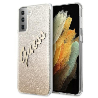 Originalus Guess dėklas GUHCS21MPCUGLSGO samsung S21+ G996 auksinis Glitter Gradient Script