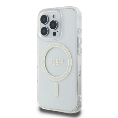 iPhone 16 Pro Guess GUHMP16LHFGERET kietas permatomas dėklas IML Glitter Circle MagSafe 1