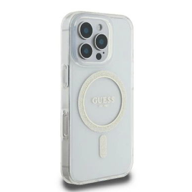 iPhone 16 Pro Guess GUHMP16LHFGERET kietas permatomas dėklas IML Glitter Circle MagSafe 3