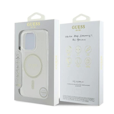 iPhone 16 Pro Guess GUHMP16LHFGERET kietas permatomas dėklas IML Glitter Circle MagSafe 7