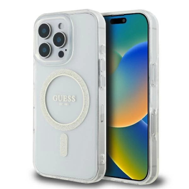 iPhone 16 Pro Guess GUHMP16LHFGERET kietas permatomas dėklas IML Glitter Circle MagSafe