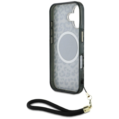 Guess HC IML Leopard Triangle Cord Strap MagSafe Dėklas skirtas iPhone 16 - Juodas 5