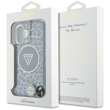 Guess HC IML Leopard Triangle Cord Strap MagSafe Dėklas skirtas iPhone 16 - Juodas 6