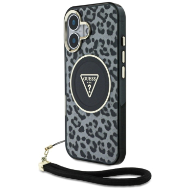 Guess HC IML Leopard Triangle Cord Strap MagSafe Dėklas skirtas iPhone 16 - Juodas