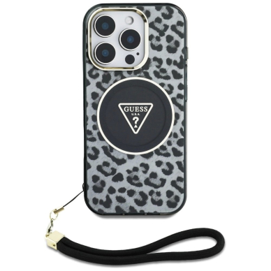 Guess HC IML Leopard Triangle Cord Strap MagSafe Dėklas skirtas iPhone 16 Pro - Juodas 1