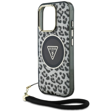 Guess HC IML Leopard Triangle Cord Strap MagSafe Dėklas skirtas iPhone 16 Pro - Juodas 4