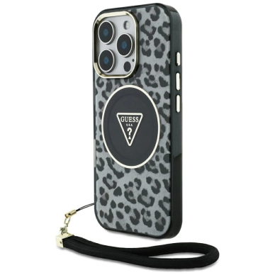 Guess HC IML Leopard Triangle Cord Strap MagSafe Dėklas skirtas iPhone 16 Pro - Juodas