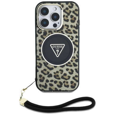 Guess HC IML Leopard Triangle Cord Strap MagSafe Dėklas skirtas iPhone 16 Pro - Rudas 1